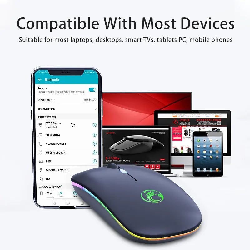 Black or white wireless mouse with dual-mode connectivity and silent clicking buttons