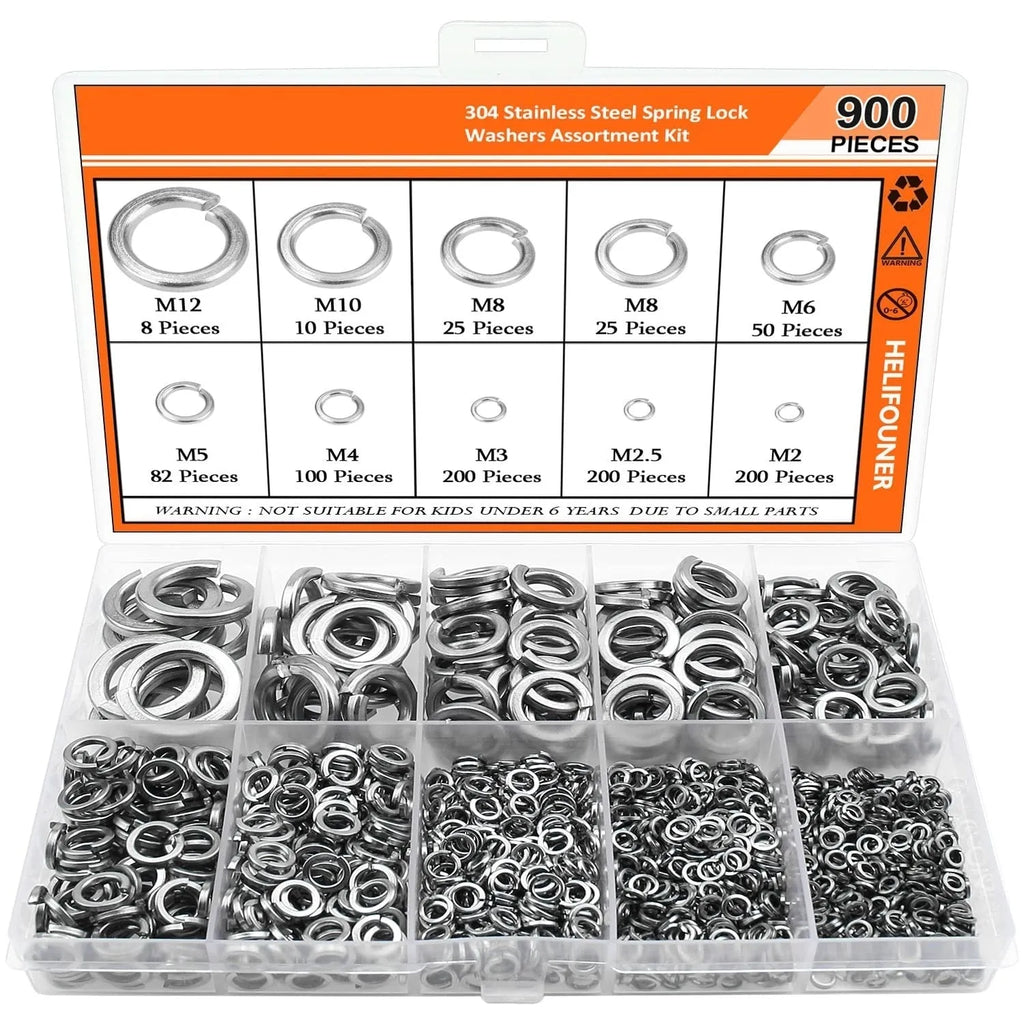 Open box showing assortment of stainless steel flat washers and split lock spring washers in various sizes.