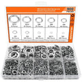 Open box showing assortment of stainless steel flat washers and split lock spring washers in various sizes.