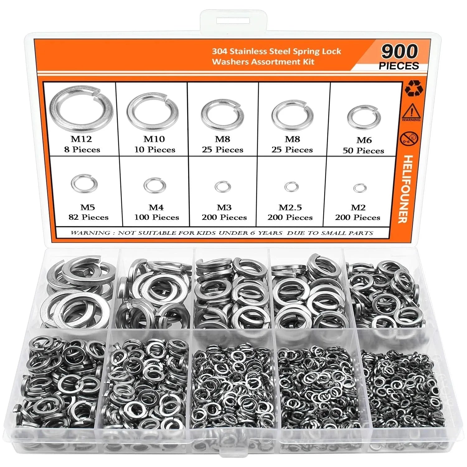 Open box showing assortment of stainless steel flat washers and split lock spring washers in various sizes.