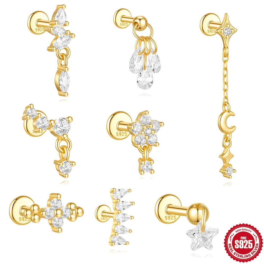 S925 sterling silver geometric moon and star earrings with diamond accents in gold tone finish