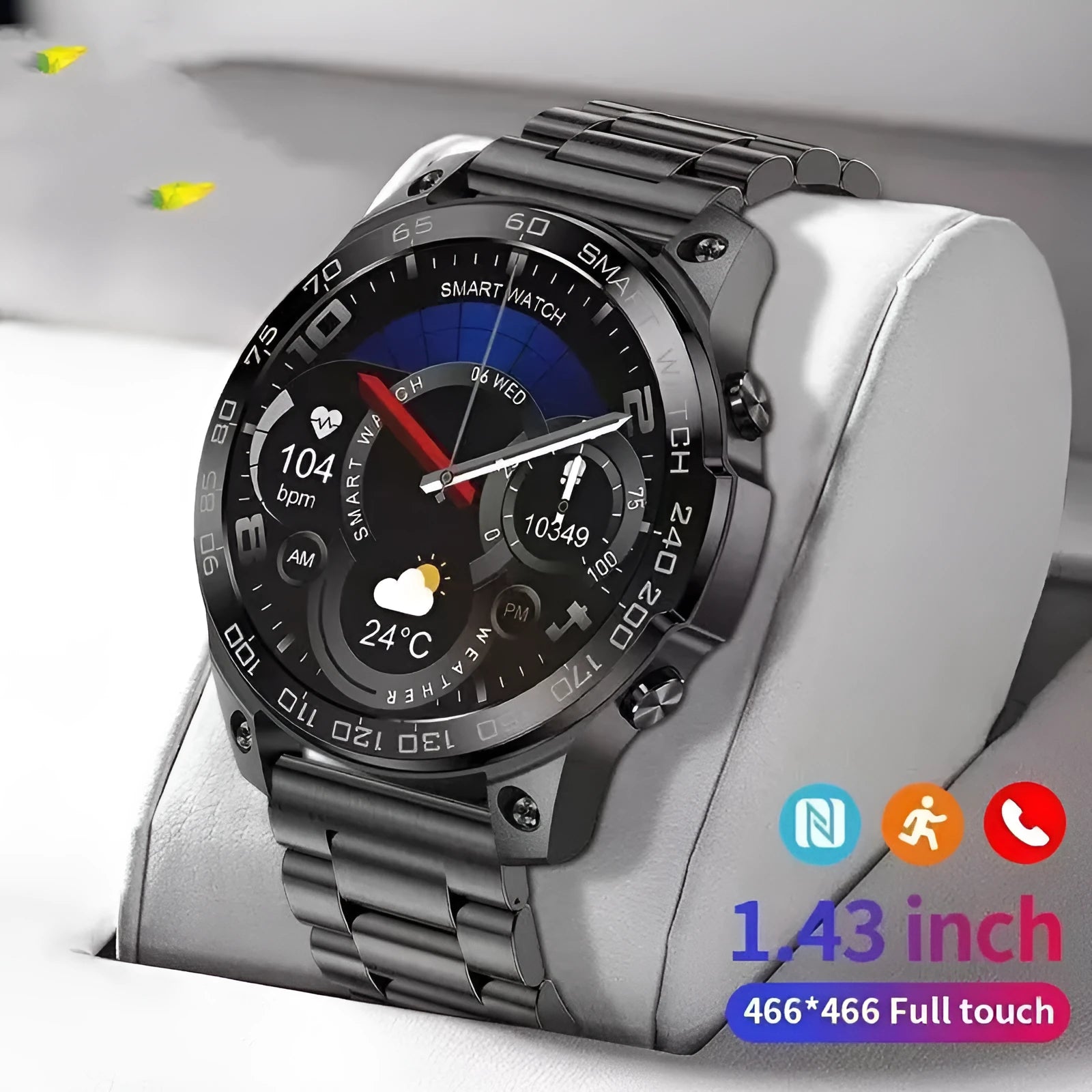 Round black Bluetooth sports watch with AMOLED screen on a silicone strap, showing fitness stats.