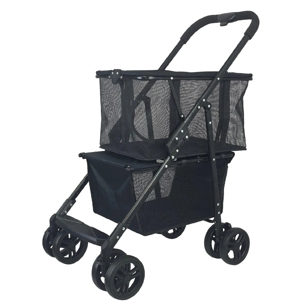 Black foldable shopping cart with carbon steel frame and 20kg capacity for outdoor and household use