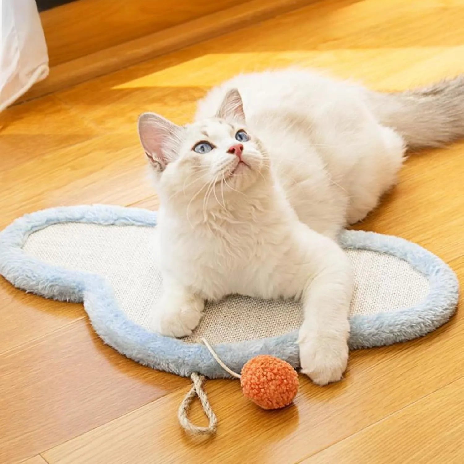 White natural sisal cat scratching mat with cartoon sleeping cat design
