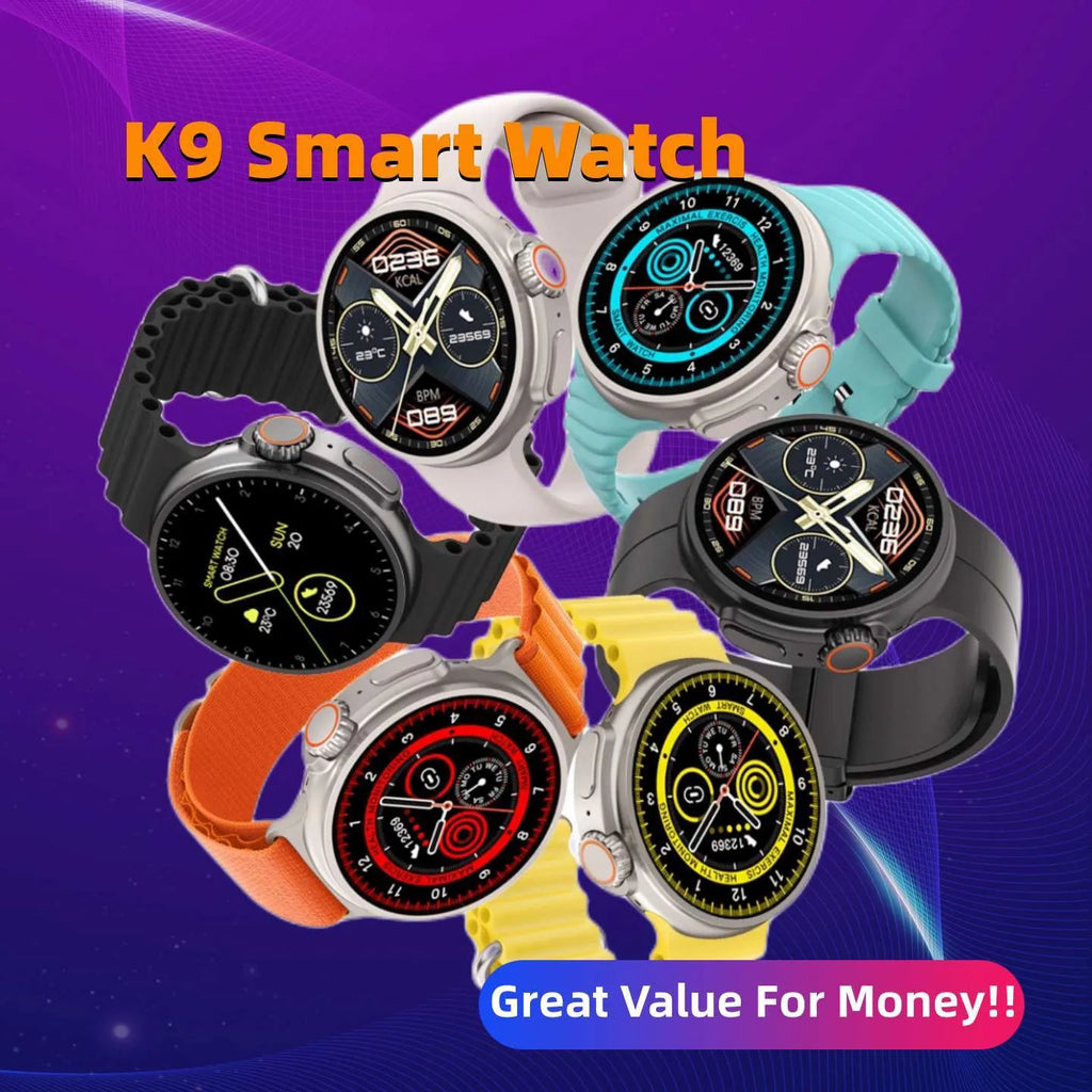 K9 smart watch with black silicone strap and round screen on a wrist