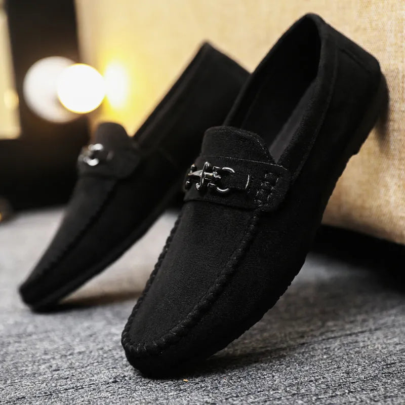 Men's black waterproof slip-on loafers with round toe and low heel casual design