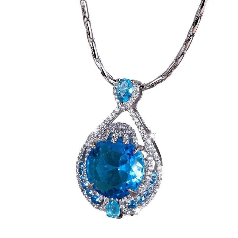 Simple blue fireworks cut crystal pendant necklace for women with water wave chain