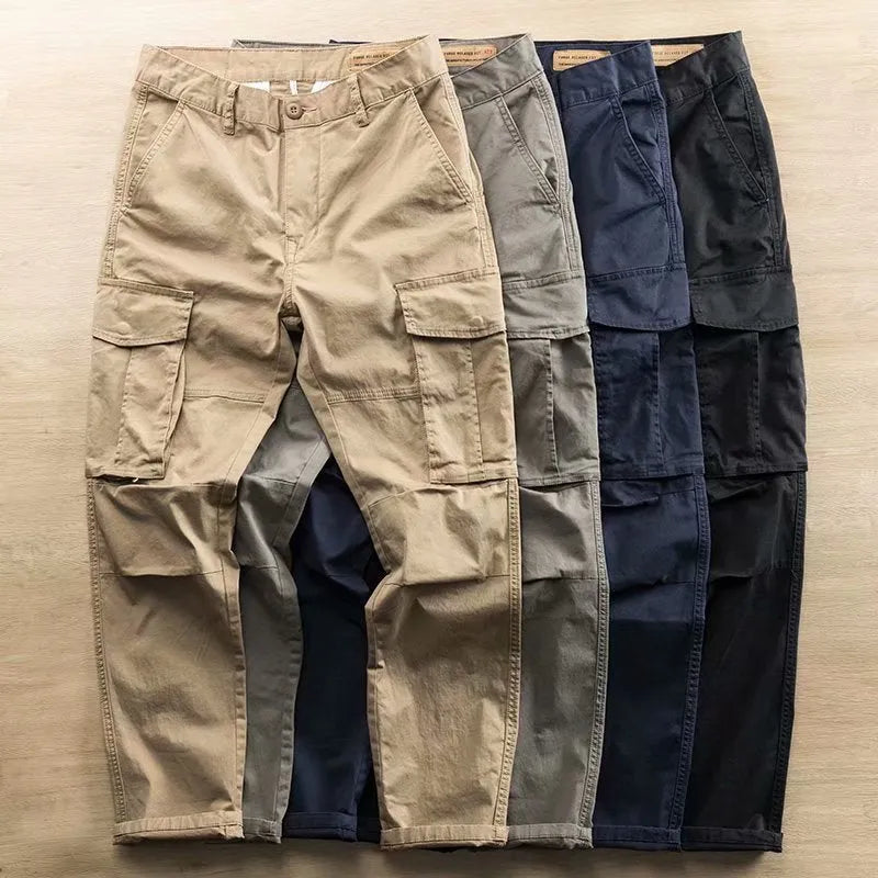 Men's cotton multi-pocket labour trousers in cropped length shown in khaki colour