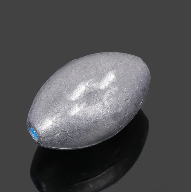 Rugby-shaped olive lead fishing weight with plastic core for sea fishing in various sizes