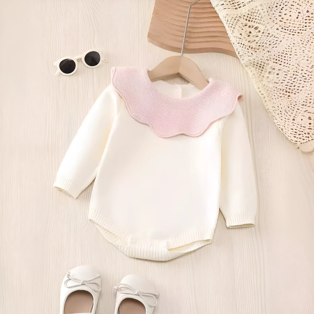 Beige long sleeve knitted triangle jumpsuit romper for baby girls suitable for 73-110cm height