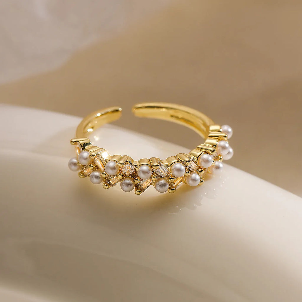 Women's gold plated geometric adjustable ring with zircon and pearl accents