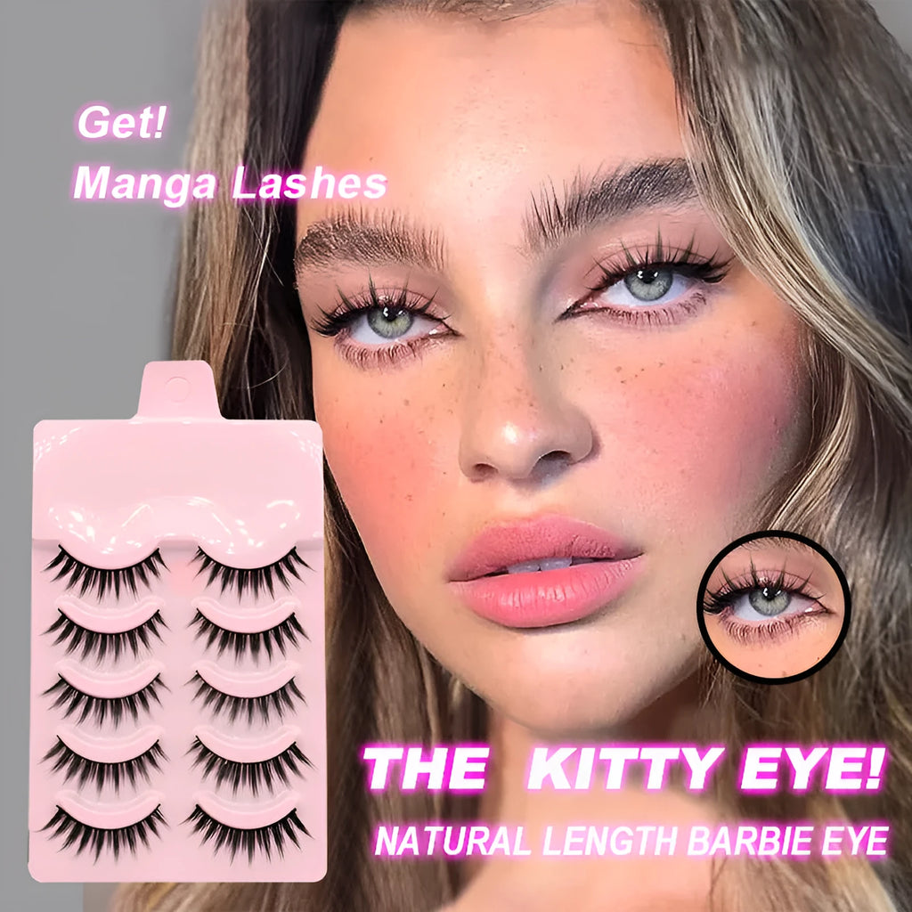 Set of manga anime style false eyelashes showing three styles 007, 008, 009 on a plastic black terrier band.