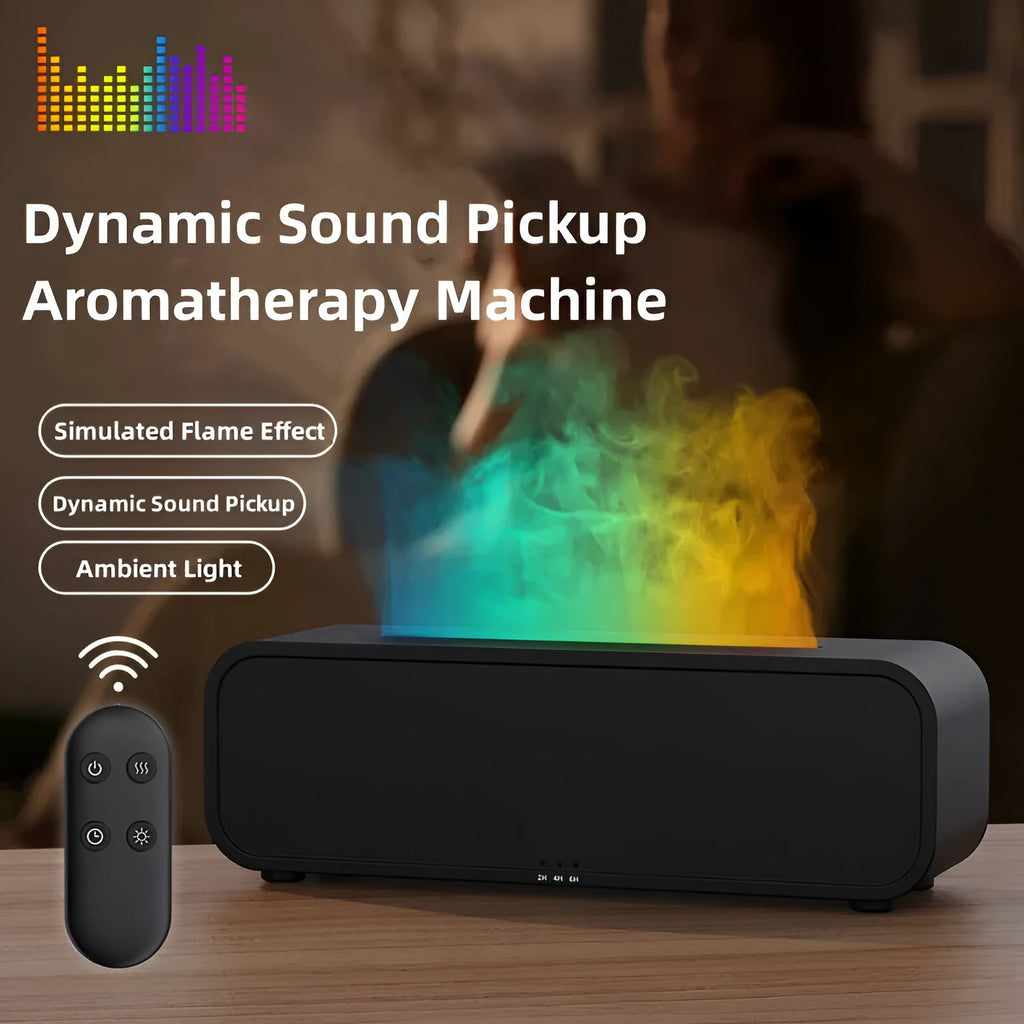 Black USB aroma diffuser with colour-changing LED lights and remote control on a wooden table.