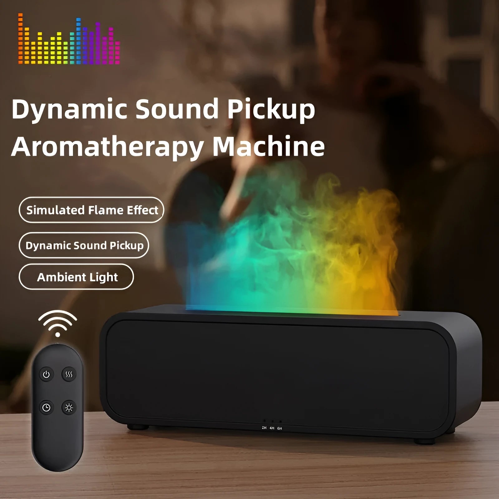 Black USB aroma diffuser with colour-changing LED lights and remote control on a wooden table.