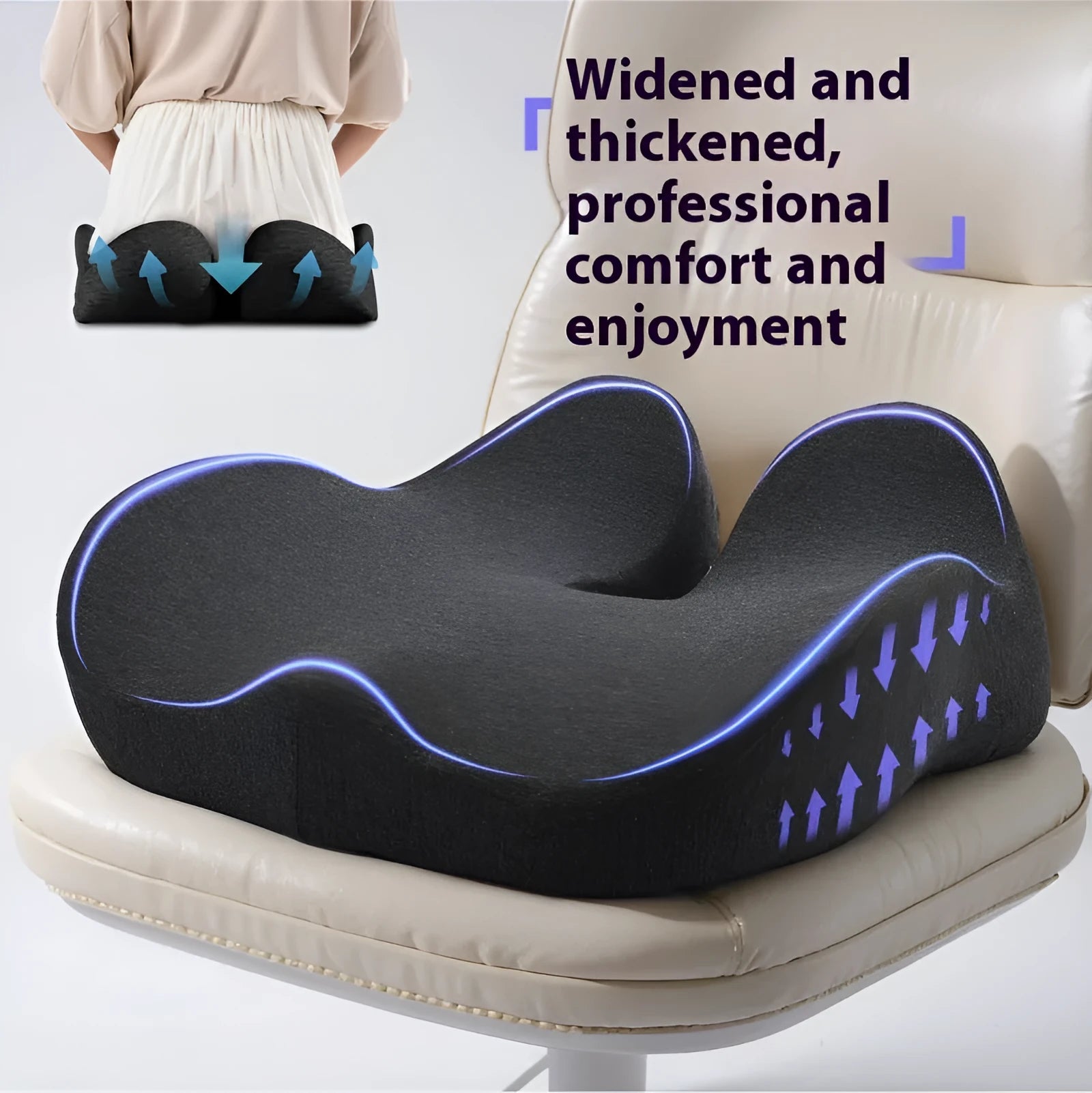 Memory foam office chair cushion in solid colour showing light grey, black and green options