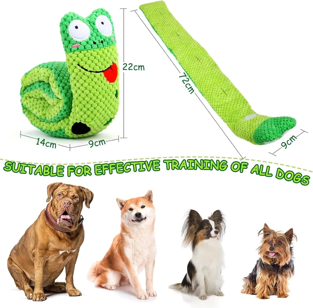 Shape-changing dog puzzle toy shown as a snail and a stick, with hidden food holes and a squeaker.