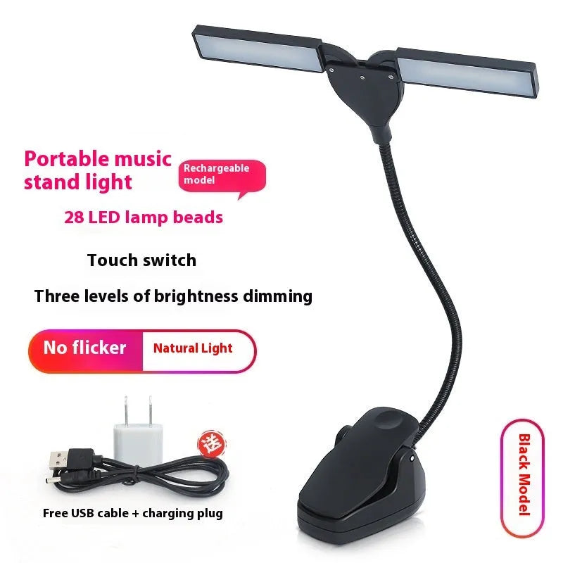 Black music stand light with 28 LED lamps for sheet music illumination
