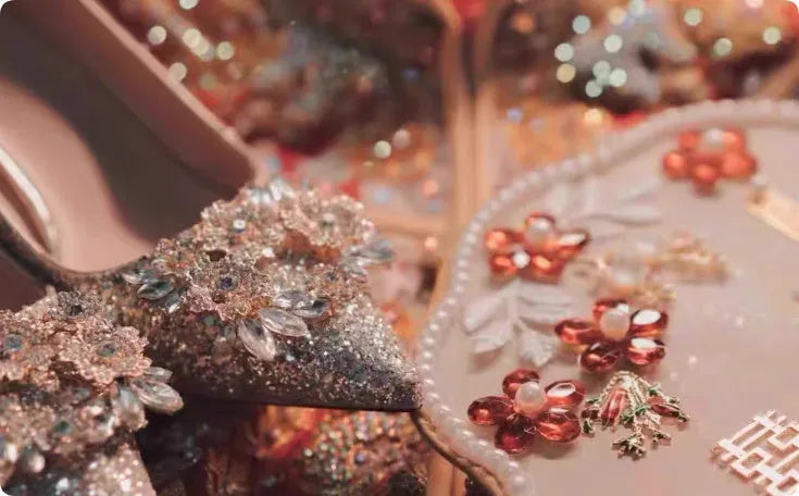 Xiuhe champagne wedding shoes with crystal rhinestones and pointed toe