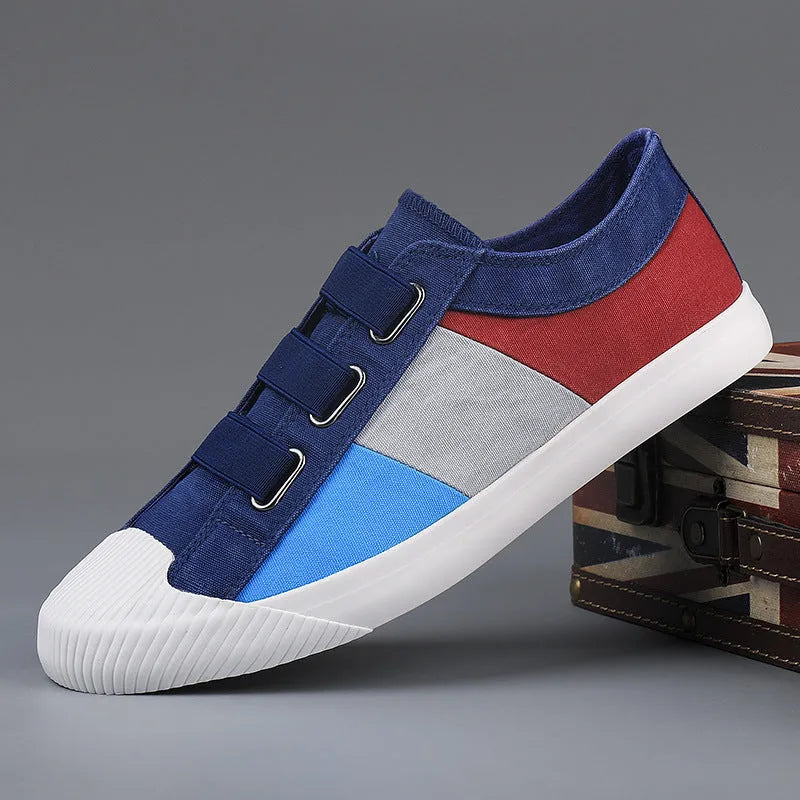 Men's low-top canvas sneakers with elastic band closure in beige colour with rubber soles