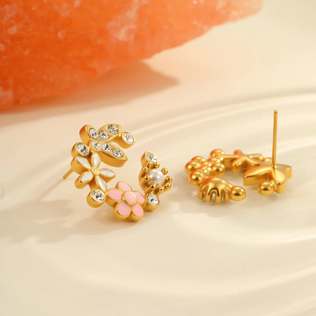 Flower stud earrings with colourful oil petal design in stainless steel with gold plating