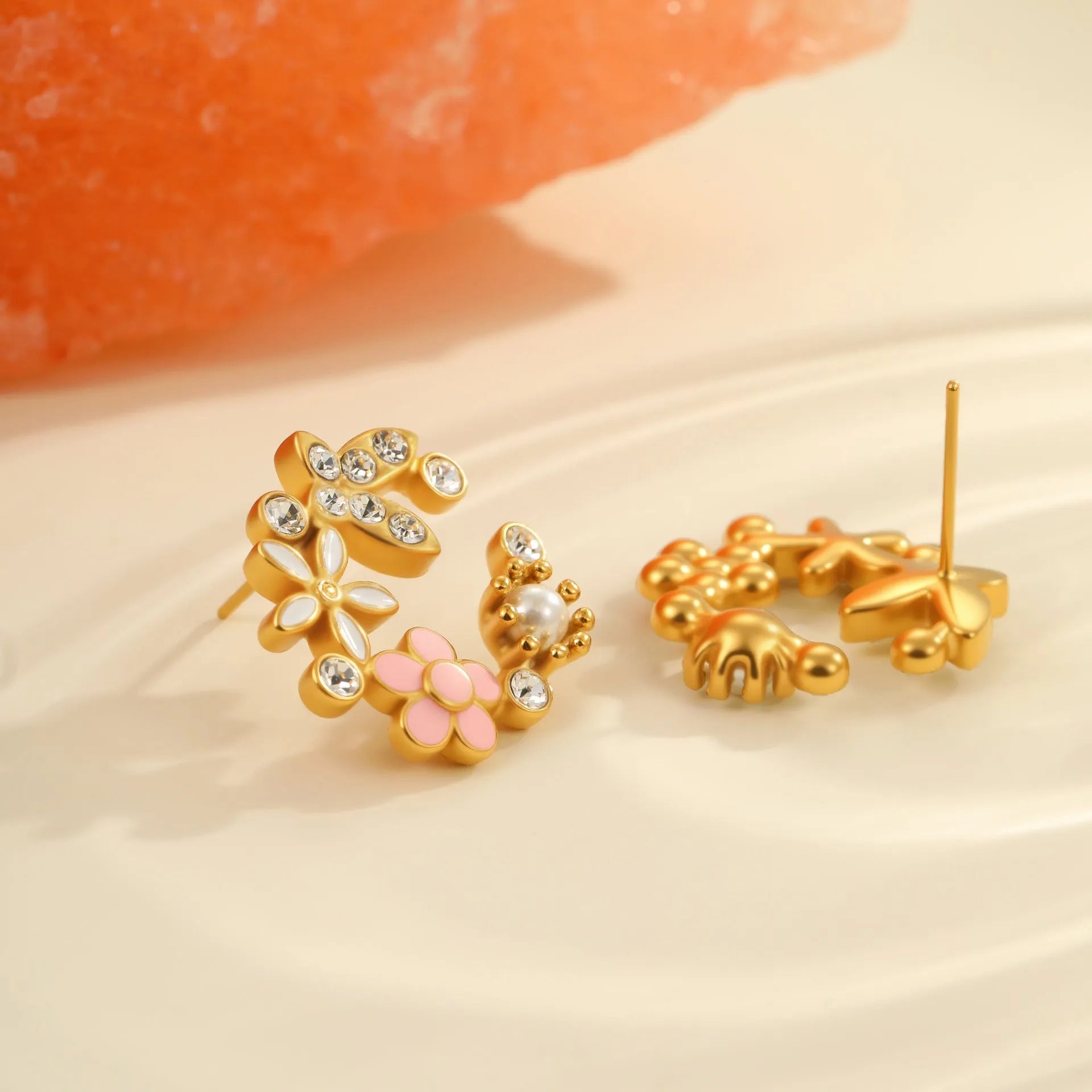 Flower stud earrings with colourful oil petal design in stainless steel with gold plating