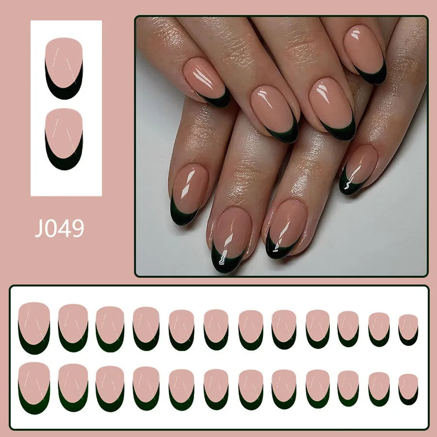 Set of 24 black French manicure false nails in a short almond shape, style J049.
