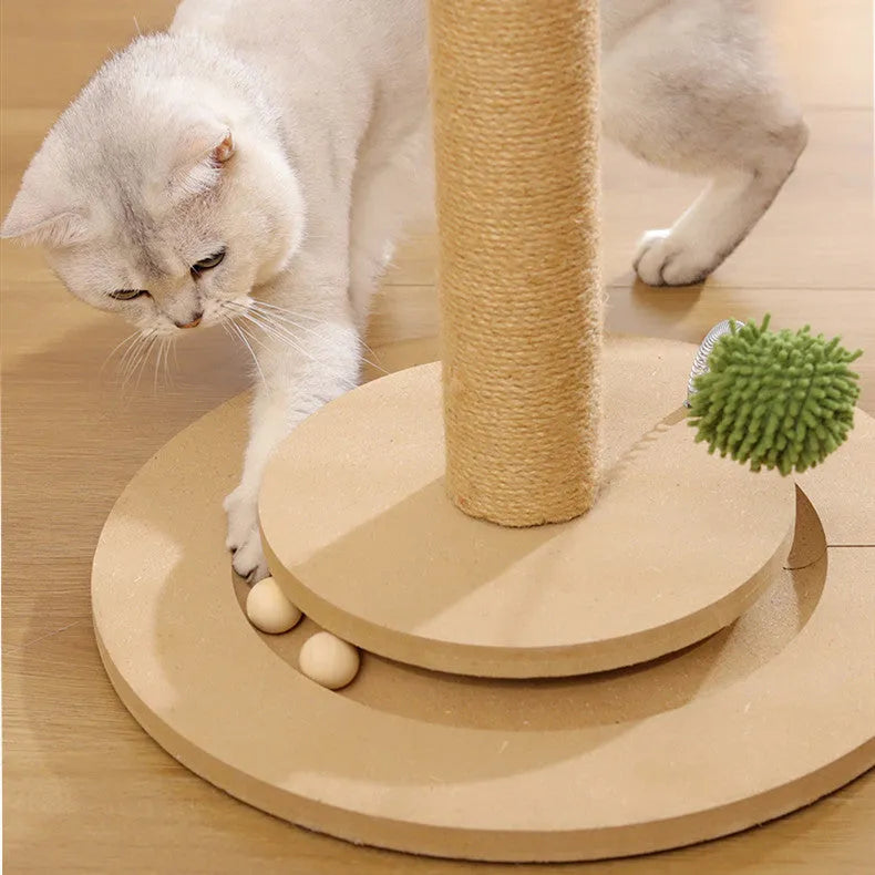 Vertical cat climbing frame with hemp rope scratching posts in a natural canna colour finish.