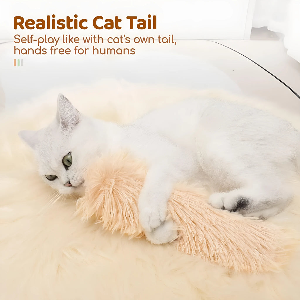 Plush cat toy pillow in blue, green, pink, or white colours, measuring 27cm by 10cm.