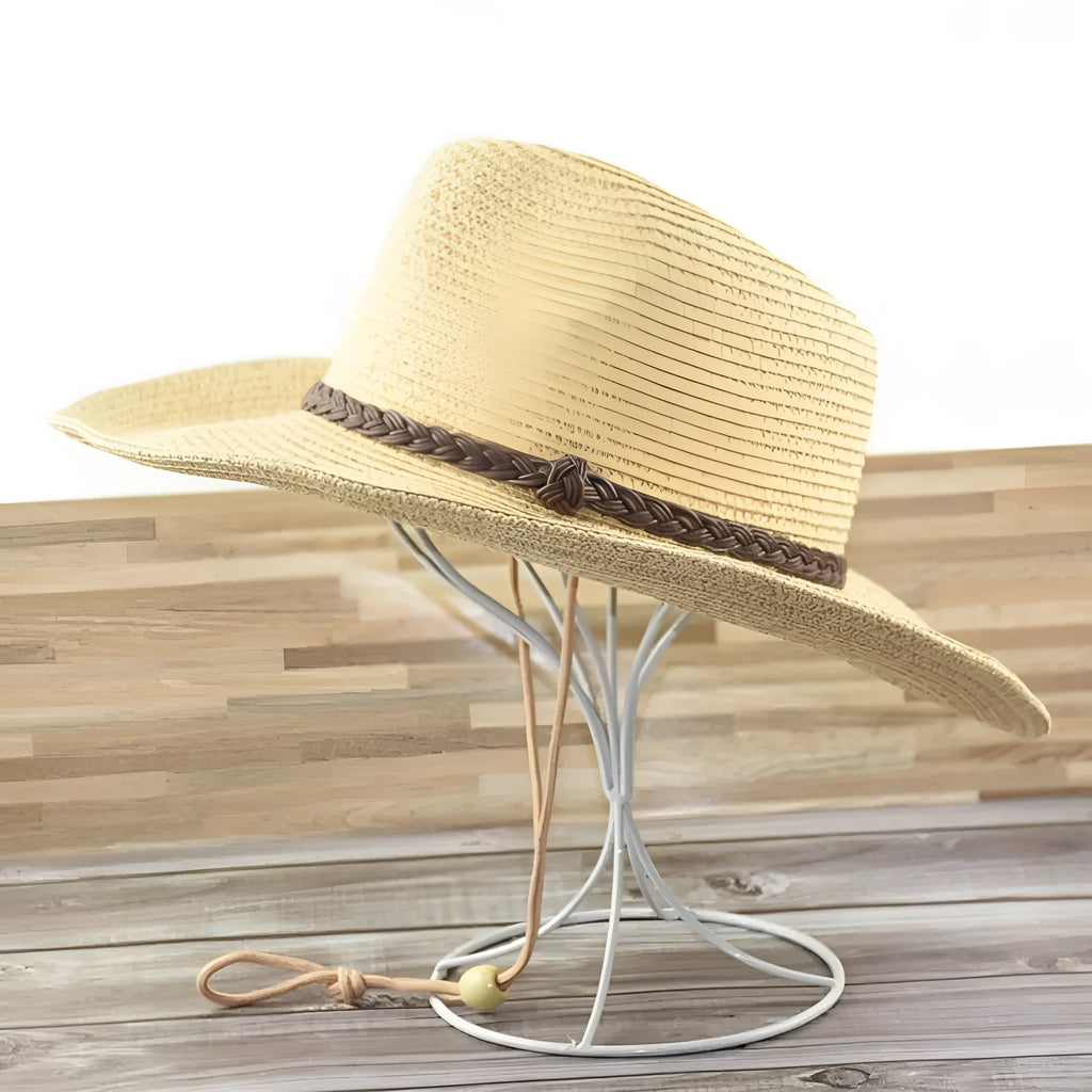 Men's foldable wide-brim straw sun hat in mixed beige colour for summer outdoor wear