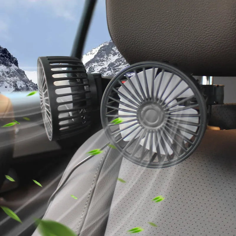 Black car USB rear pillow single head fan with adjustable direction for vehicle cooling