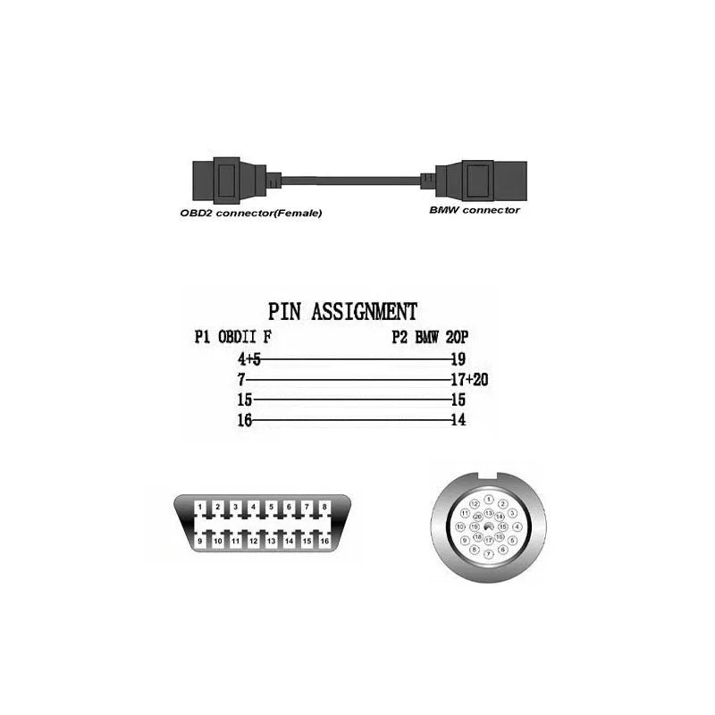 BMW OBD2 diagnostic adapter cable showing 20-pin male plug and 16-pin female OBD2 socket.