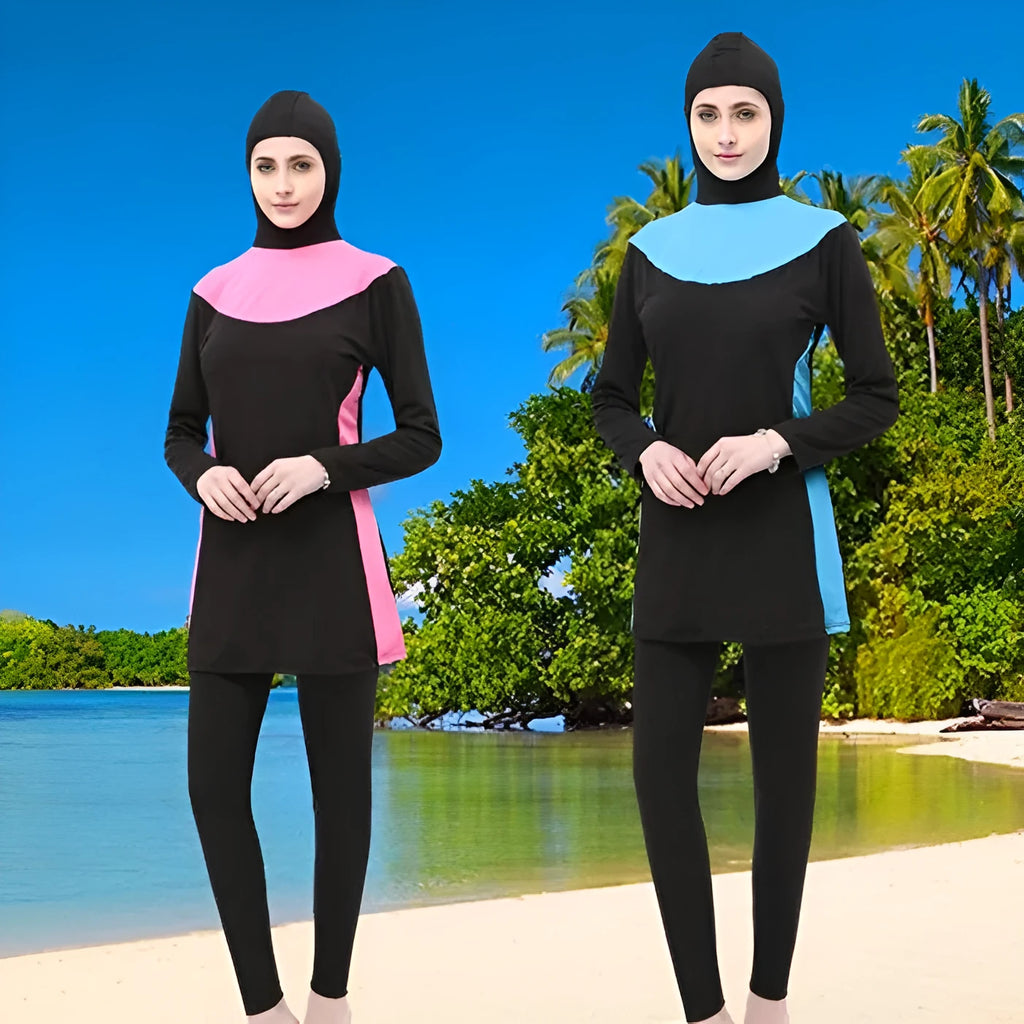 Women's hooded long sleeve swimsuit in black with colour trim options