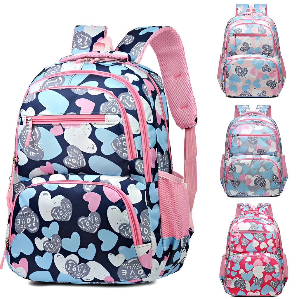 Blue student backpack with air pillow belt system showing large capacity interior