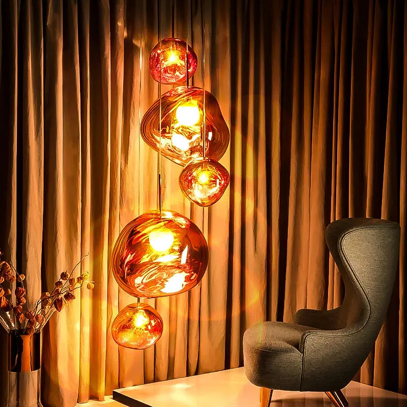 Nordic lava lamp chandelier with irregular glass design in gold, silver, or wine red colour options