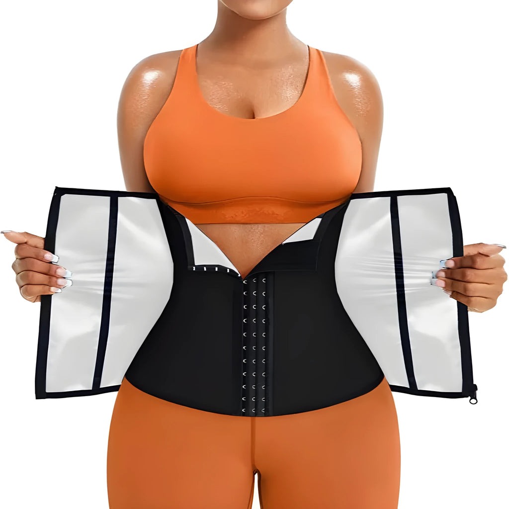 Neoprene abdominal support girdle with adjustable fastening in blue colour, showing waist shaping design
