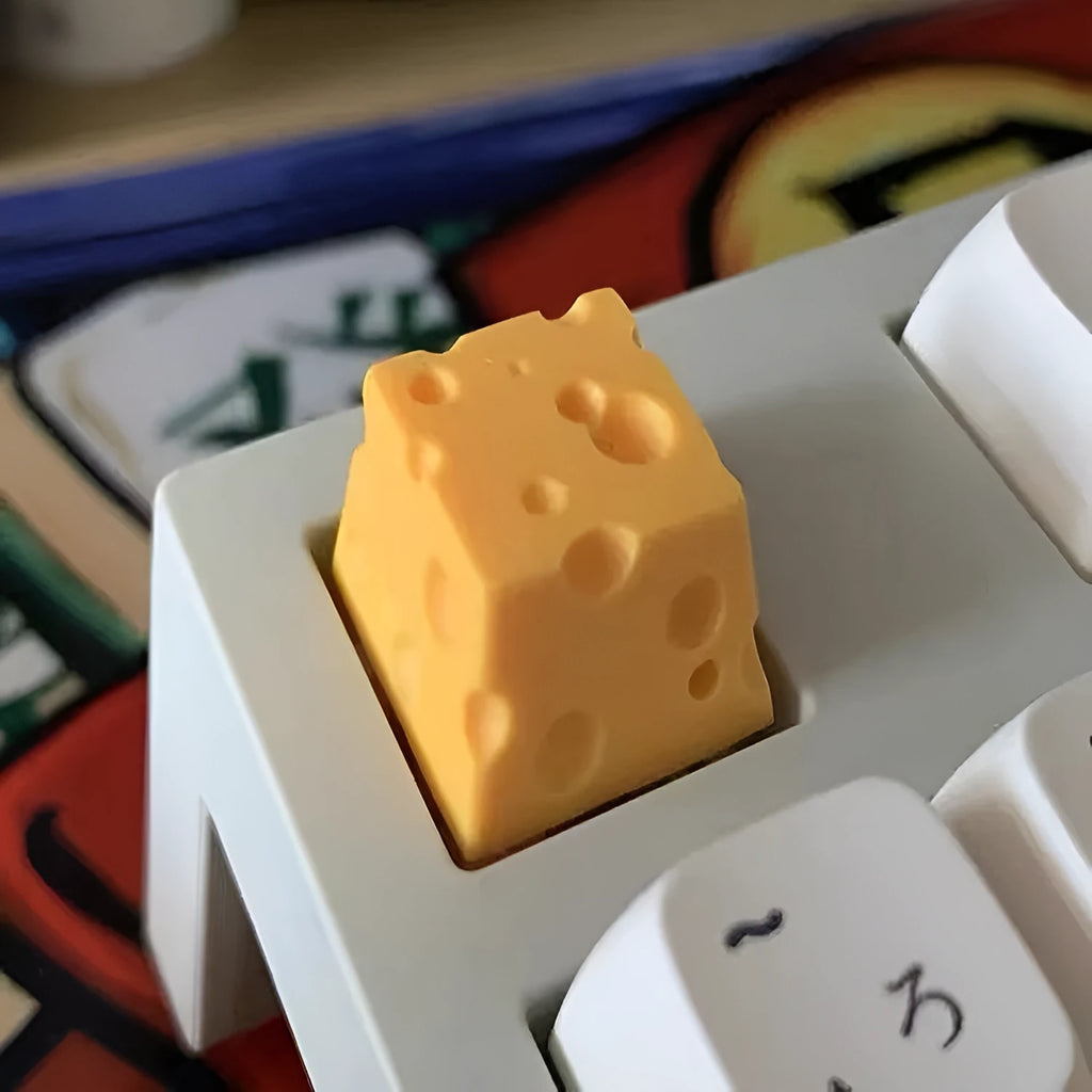 Yellow resin cheese-themed keycap for mechanical keyboards with detailed sculpting