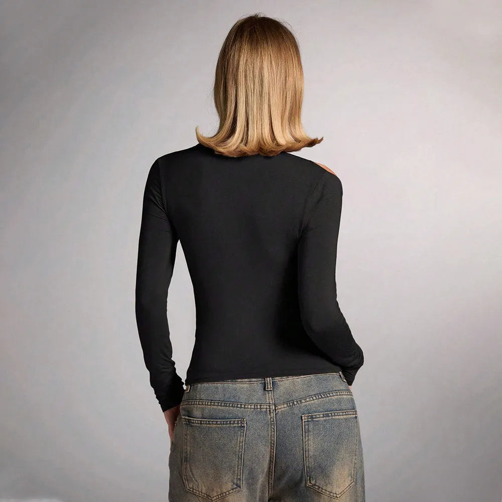 Black women's halter top with slim fit, 40cm length, and long sleeves
