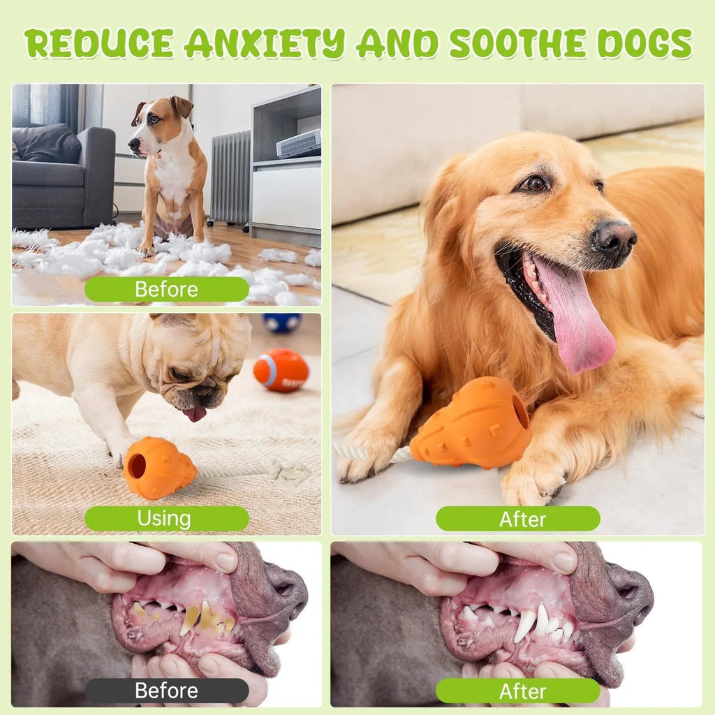Natural rubber stuffable dog toy for small medium breeds, shown with treat filling and longer strap.
