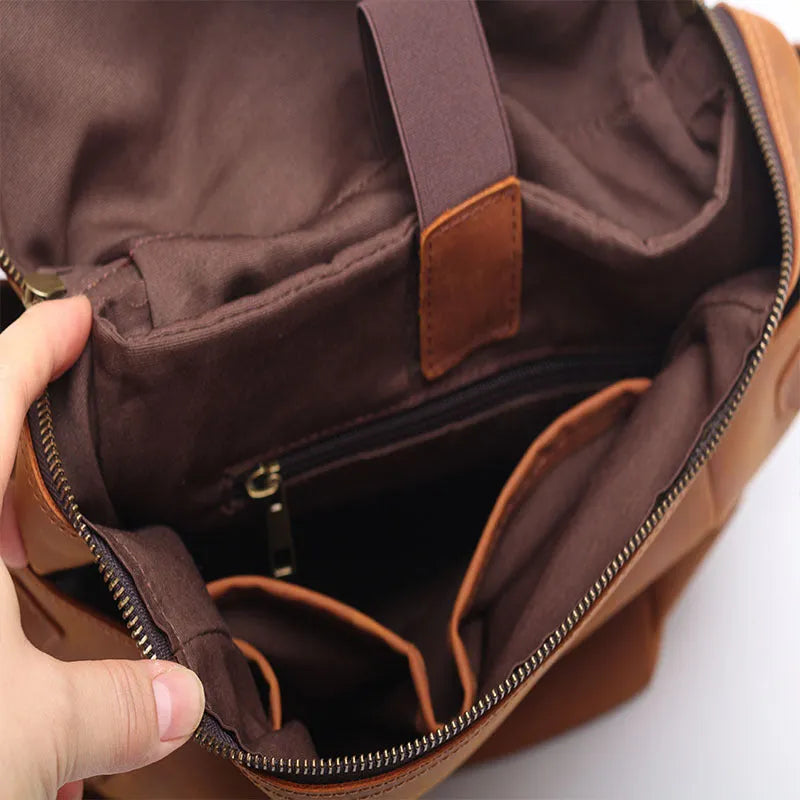 Classic retro Crazy Horse leather backpack in black with anti-theft multi-compartment design