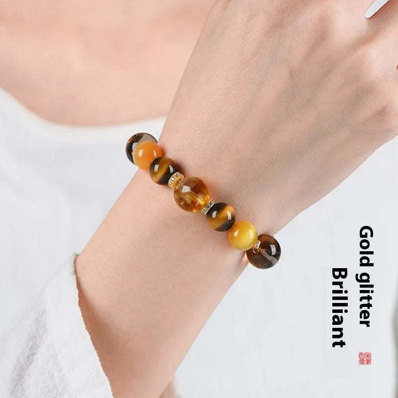 Natural yellow tower crystal string beads bracelet with 10mm Jinba large beads in unisex design