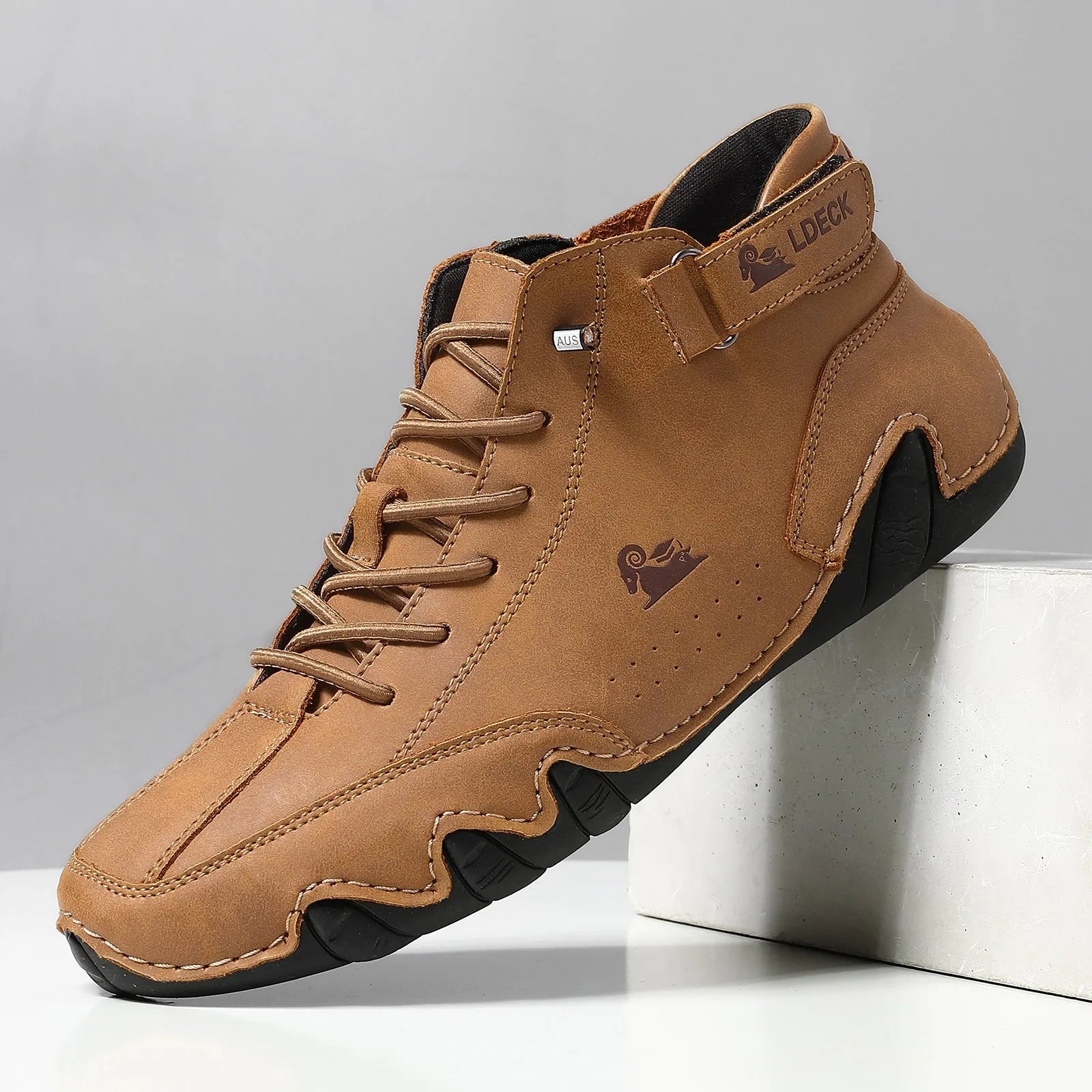 Men's khaki high top Octopus shoes with round toe and rubber sole on a white background.