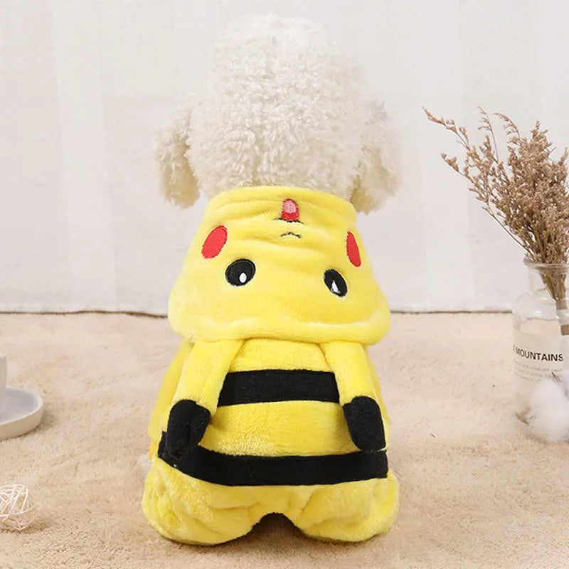 A cat or small dog wearing a soft fleece hooded winter coat in a cartoon style.