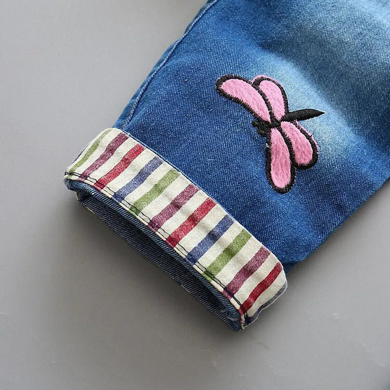 Blue dog print cotton blend kids strap jeans with suspender for boys and girls