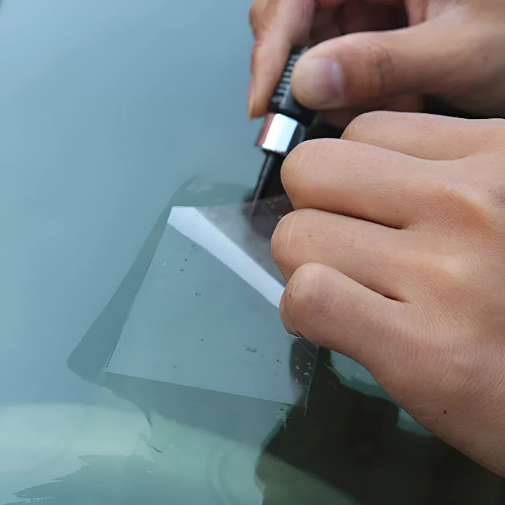 Yellow three-piece car windshield repair tool set with glass repairing liquid for chip and crack repair