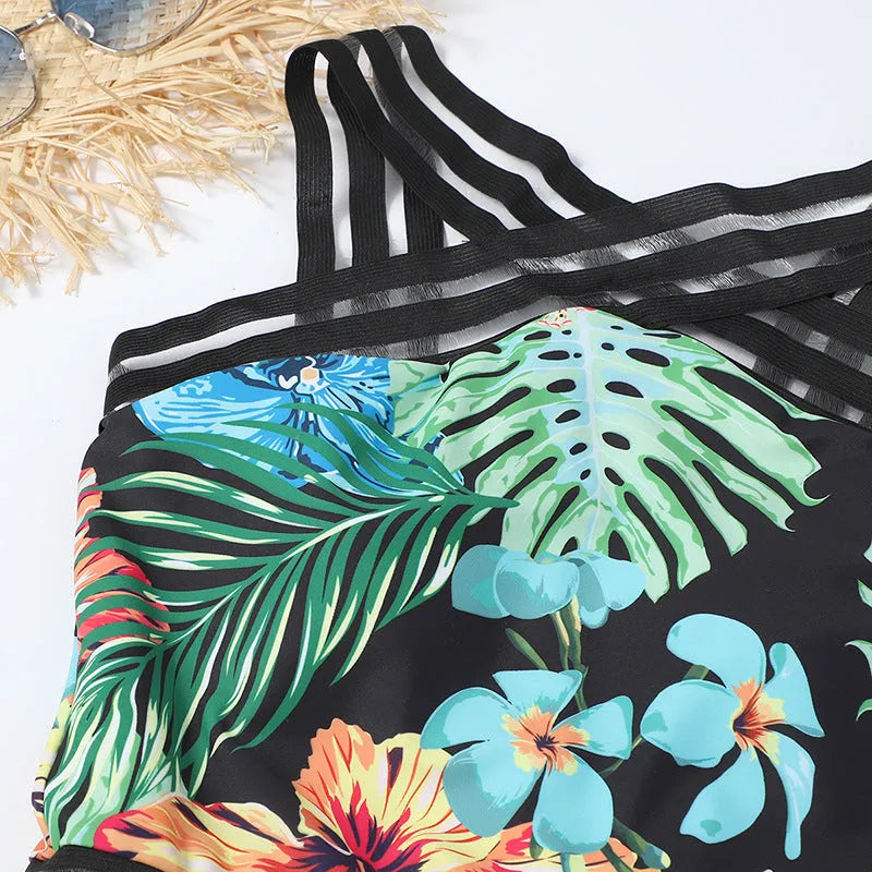 One-piece printed bikini for women in coloured floral pattern on polyester fabric