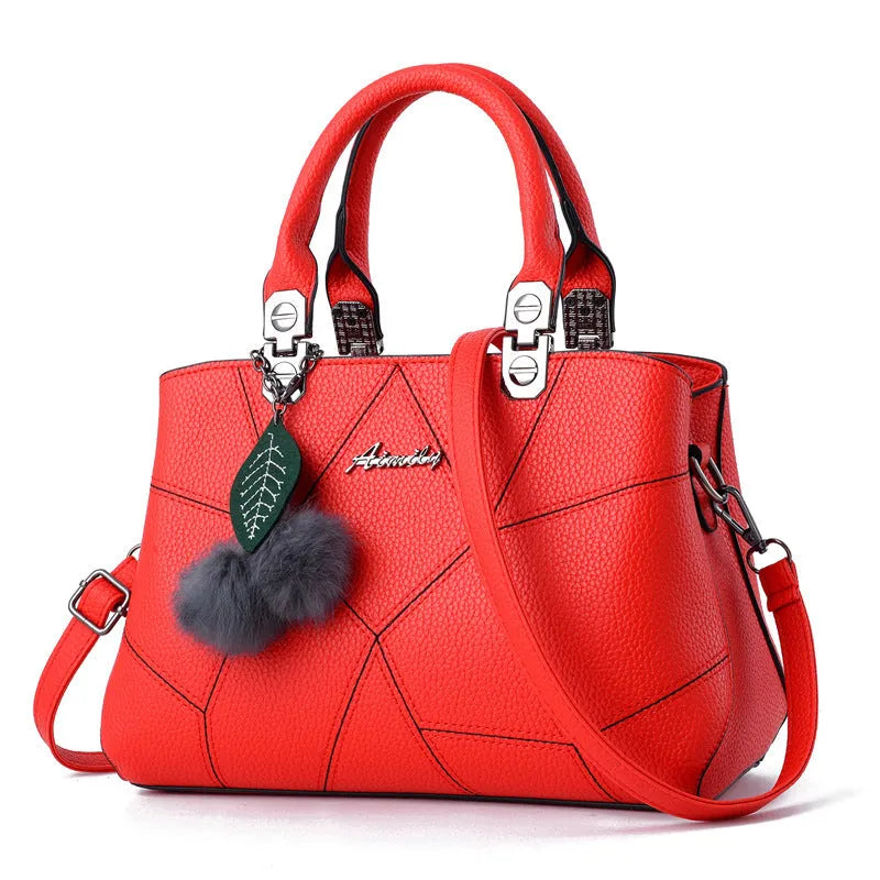 Ladies geometric print PU shoulder messenger bag with ball pendant in multiple colours