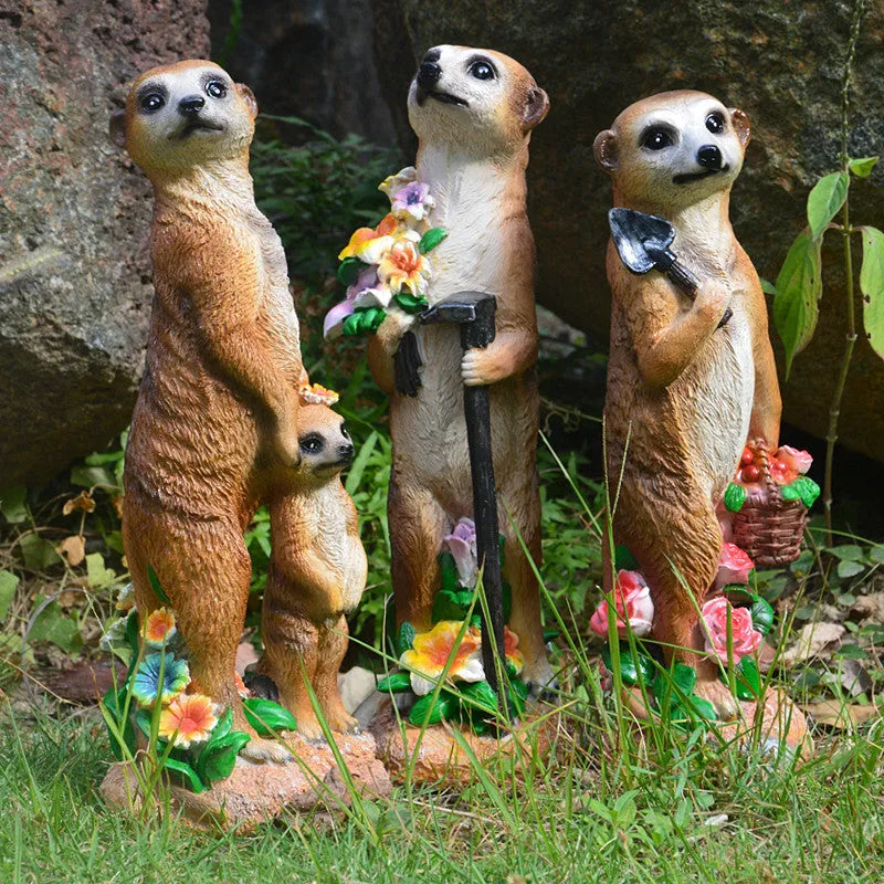 Straw hat mongoose resin garden ornaments with gardening tools in yellow brown colours