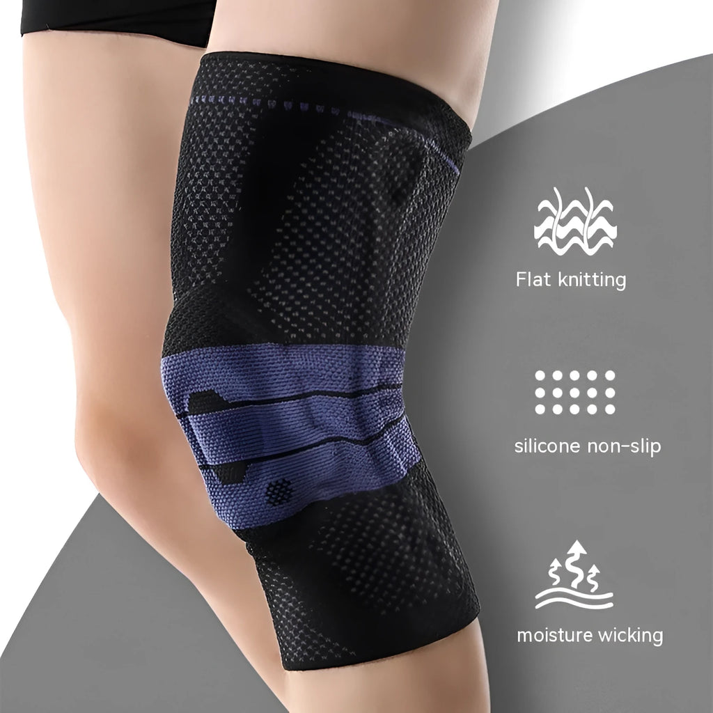 Adult sports kneepad in nylon and spandex for basketball running protection, showing black and blue colour option