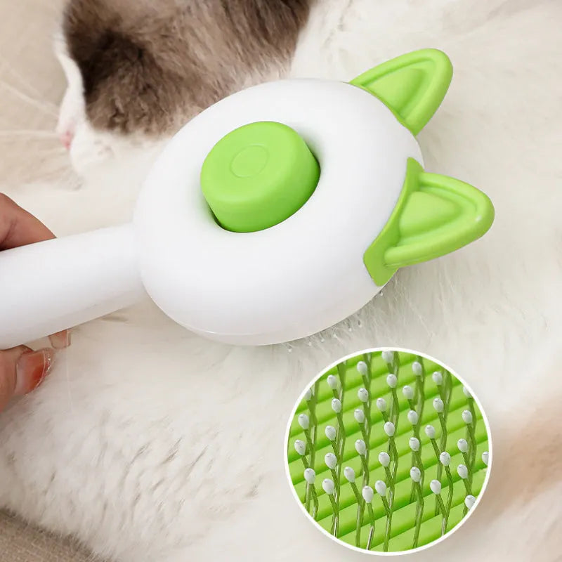 Self-cleaning cat dematting comb grooming tool in greenish white colour with stainless steel tines