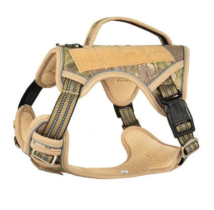 Working dog tactical chest harness for search and rescue dogs in camouflage colour